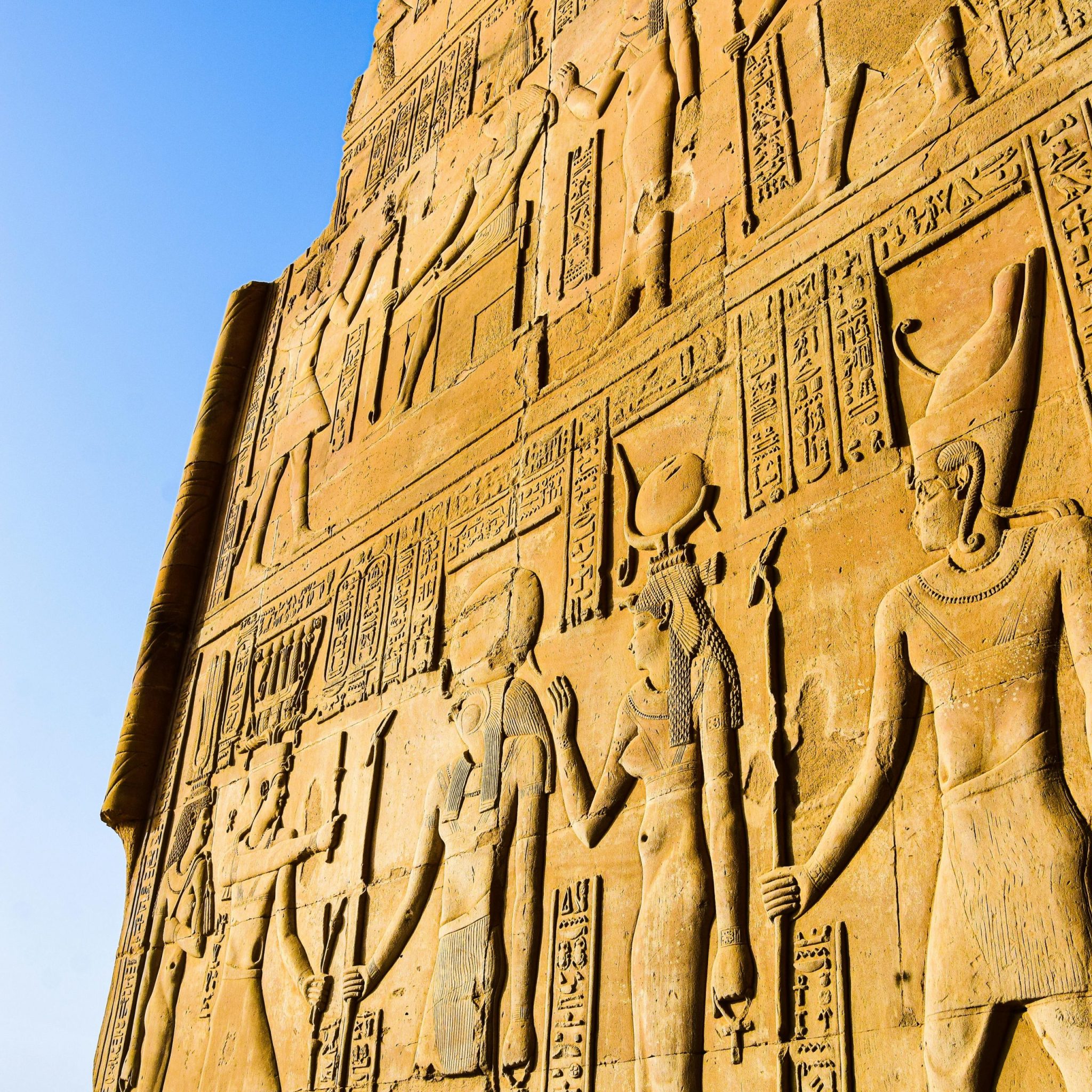 Detailed view of hieroglyphics and bas relief art at Kom Ombo Temple, Egypt.