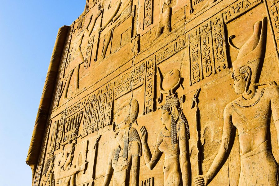 Detailed view of hieroglyphics and bas relief art at Kom Ombo Temple, Egypt.