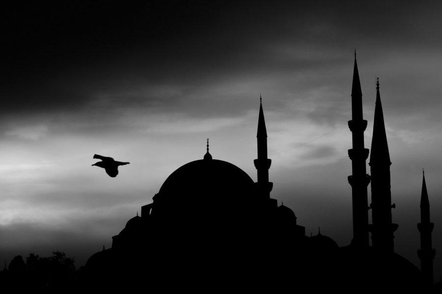 A black and white photo of a mosque silhouette with a bird flying during twilight.
